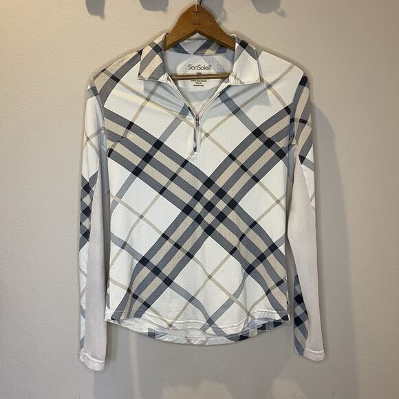 San Soleil Brown & Cream Plaid Mesh Cutout Quarter Zip Athletic Shirt Size XS - Picture 1 of 8